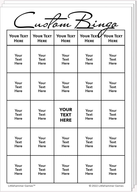 Stack of Custom Bingo game cards with black text on a white background