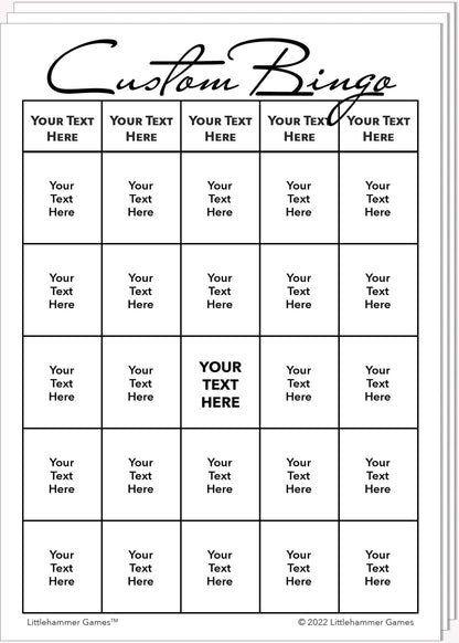 Stack of Custom Bingo game cards with black text on a white background