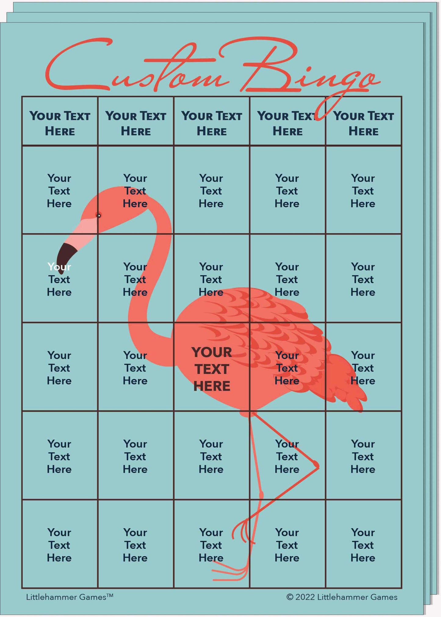 Stack of Custom Bingo game cards on a flamingo background