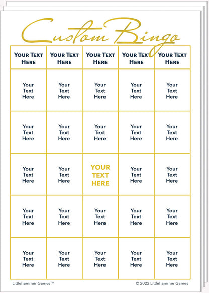 Stack of Custom Bingo game cards with gold text on a white background