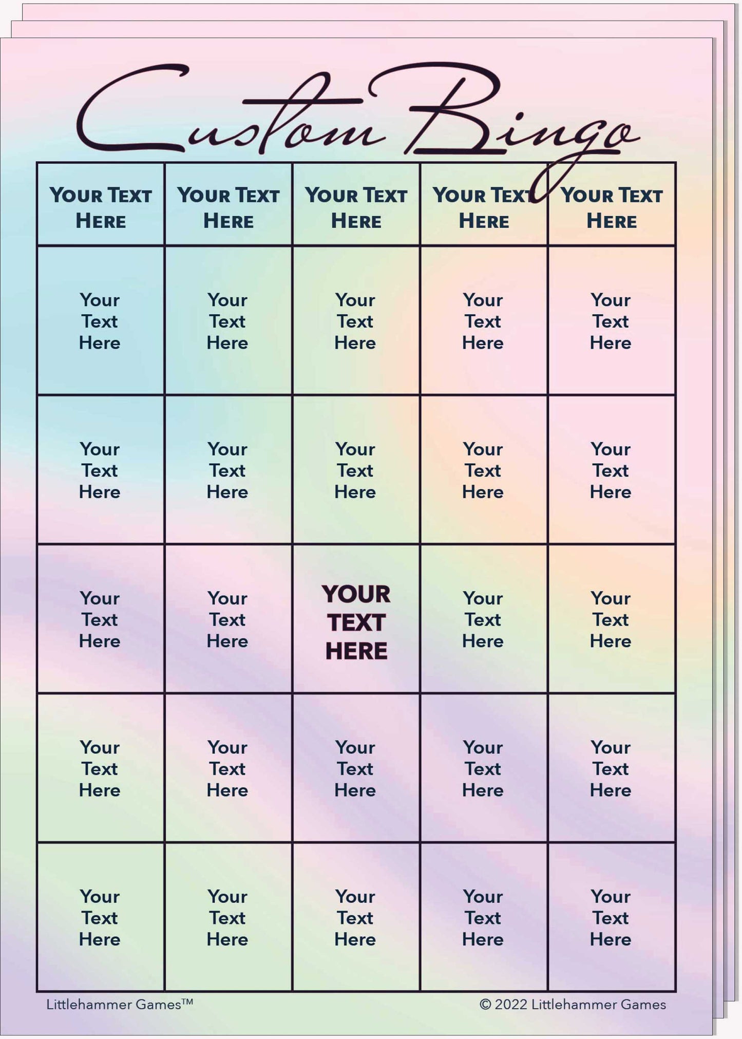 Stack of Custom Bingo game cards with an iridescent holographic background