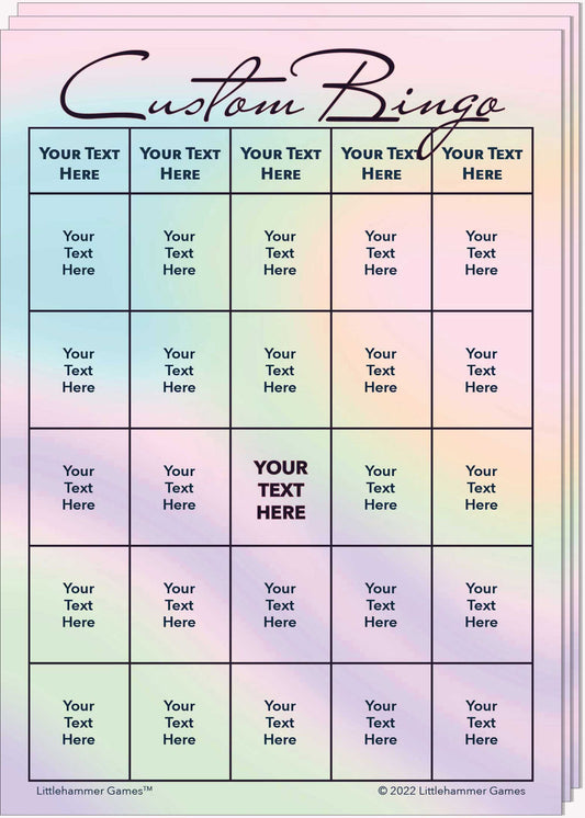 Stack of Custom Bingo game cards with an iridescent holographic background