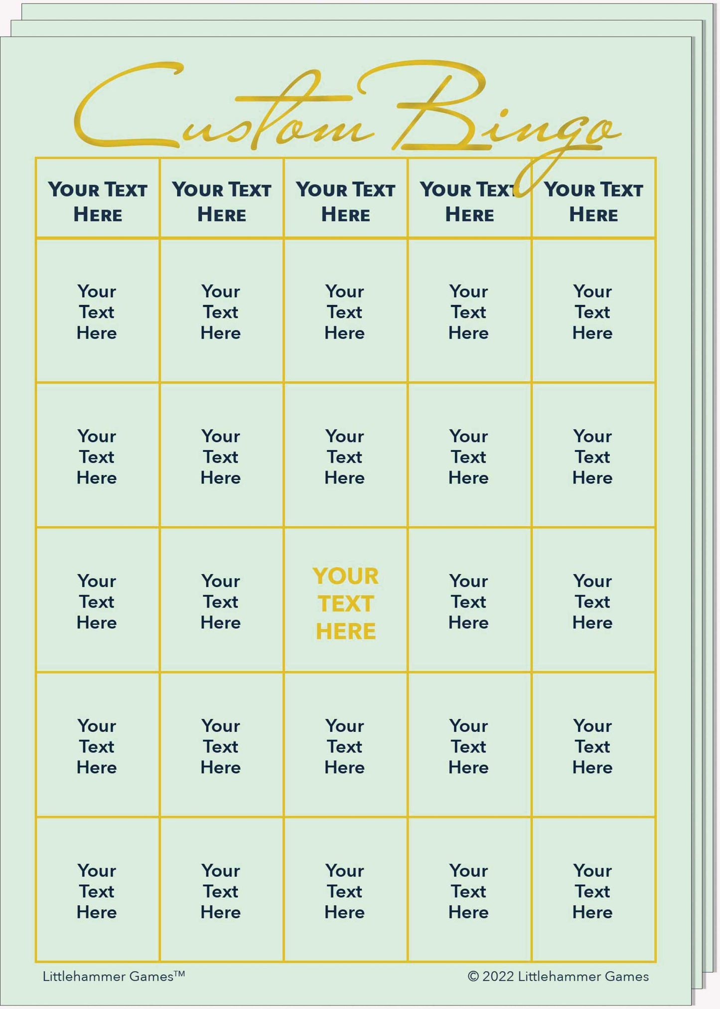Stack of Custom Bingo game cards with gold text on a mint background