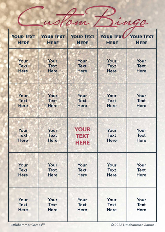 Custom Bingo game card with a glittery rose gold background