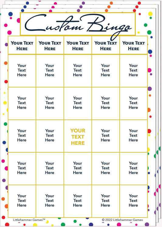 Stack of Custom Bingo game cards on a rainbow polka dot background