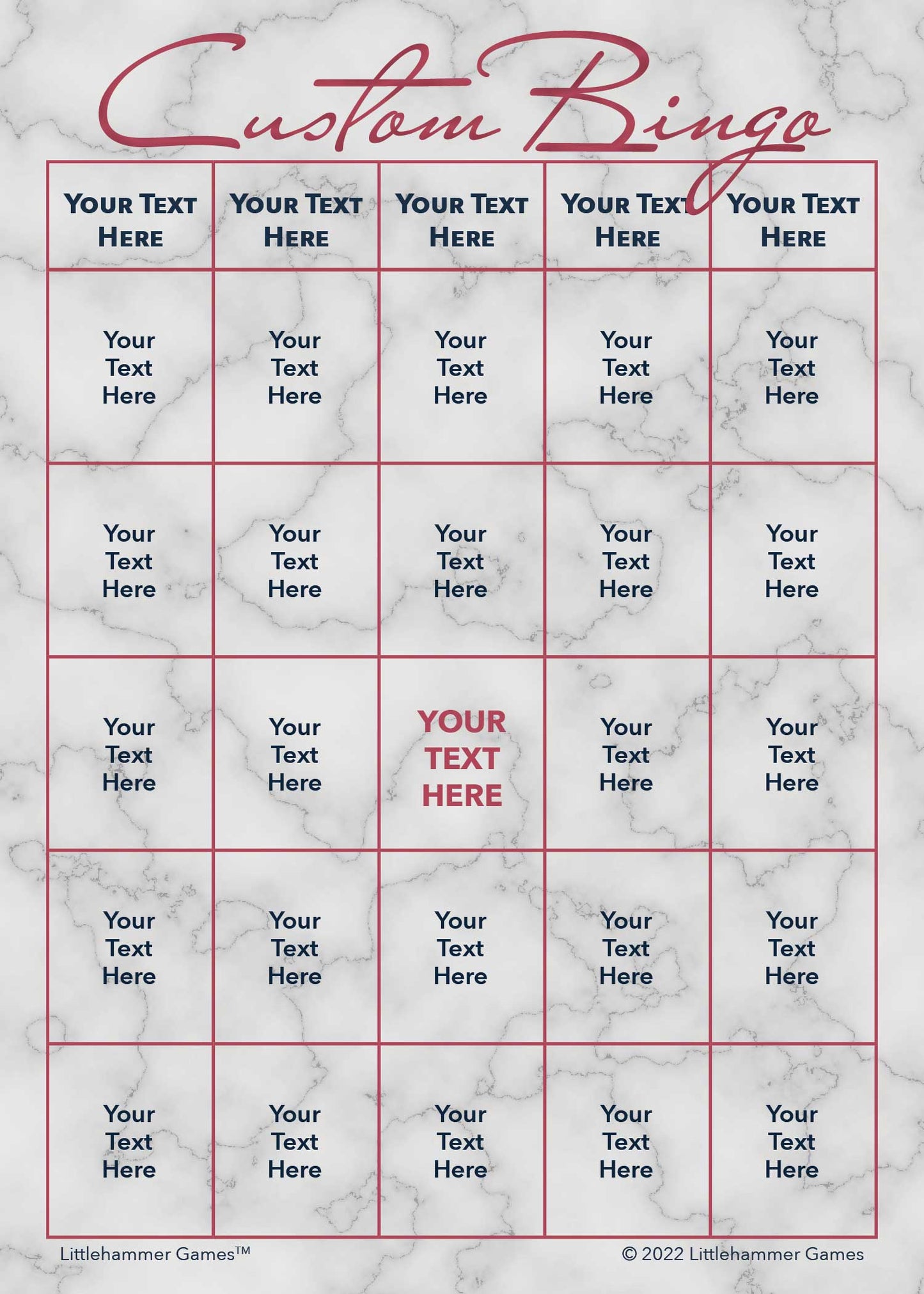 Custom Bingo game card with rose gold text on a marble background