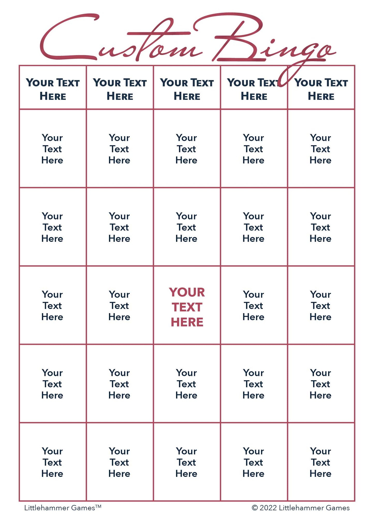 Custom Bingo game card with rose gold text on a white background