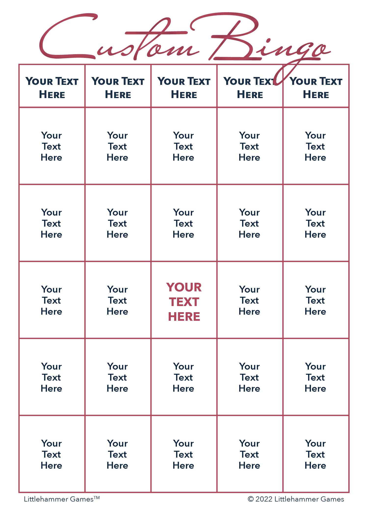 Custom Bingo game card with rose gold text on a white background