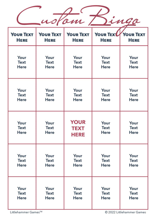 Custom Bingo game card with rose gold text on a white background