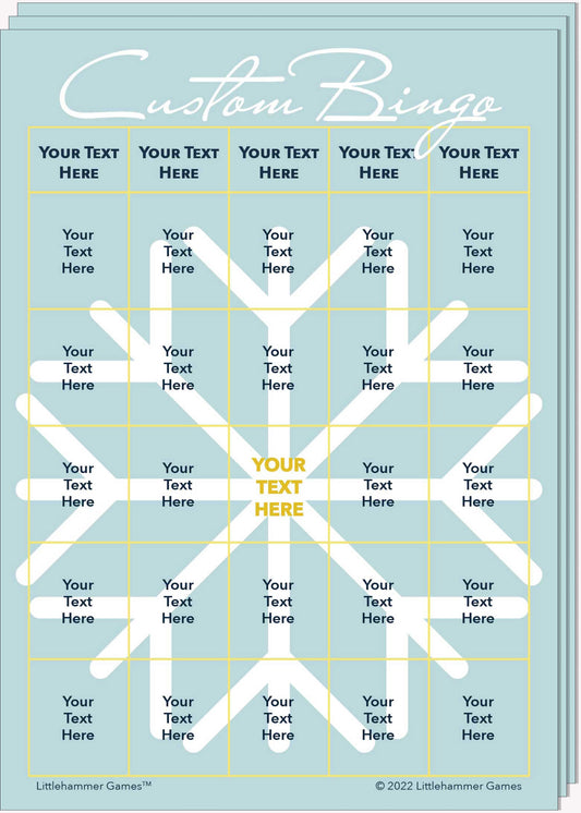 Stack of Custom Bingo game cards with a big snowflake on a light blue background