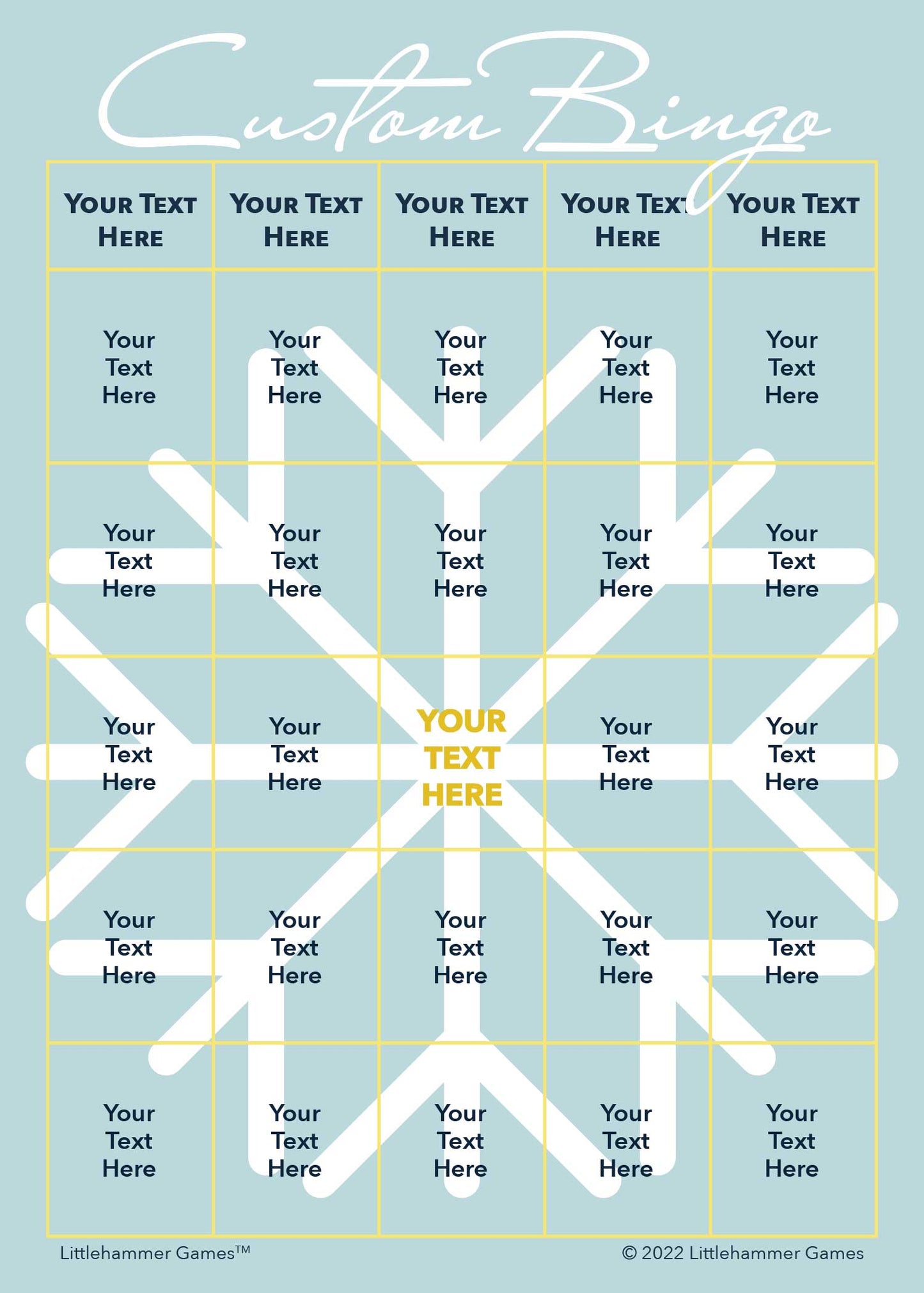 Custom Bingo game card with a big snowflake on a light blue background