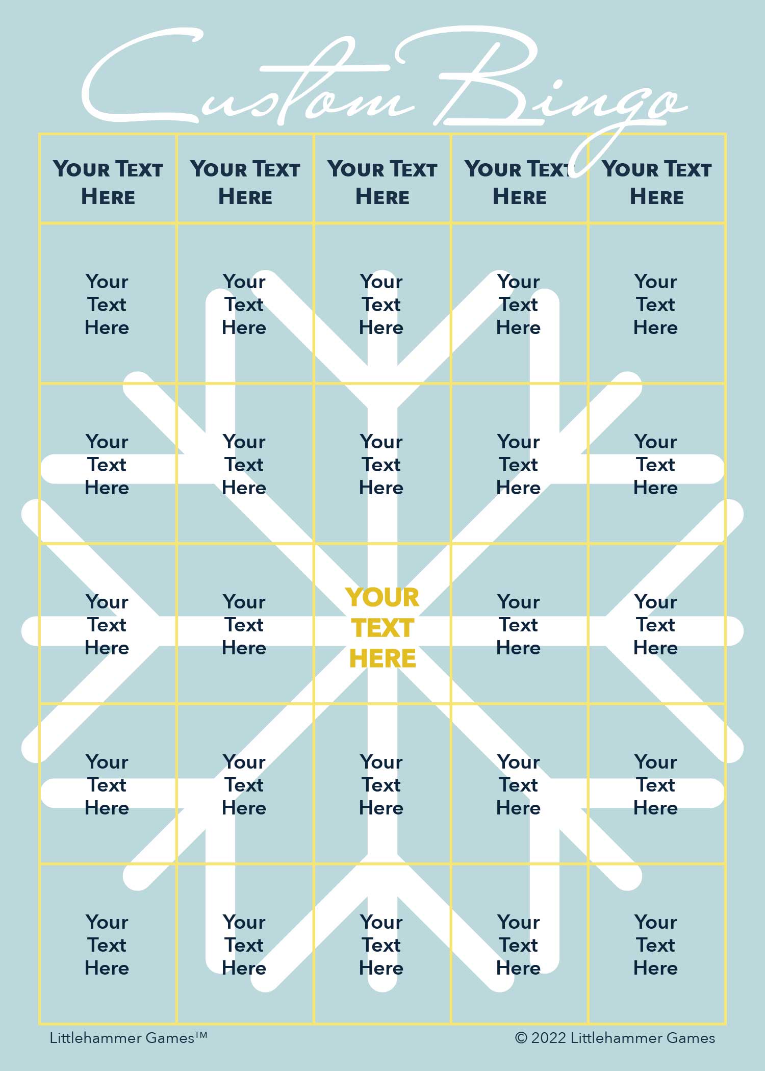 Custom Bingo game card with a big snowflake on a light blue background