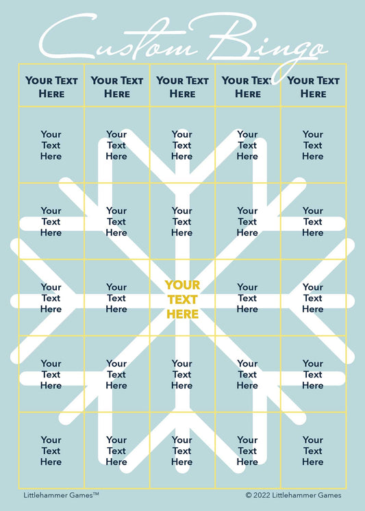 Custom Bingo game card with a big snowflake on a light blue background