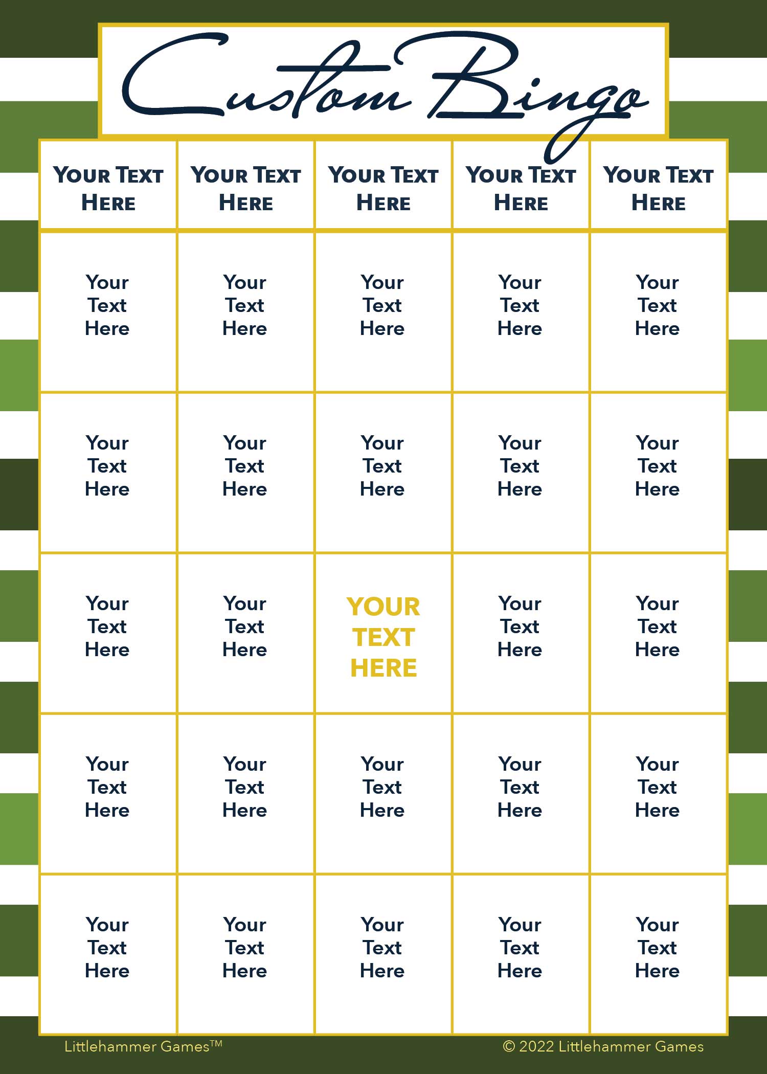 Custom Bingo Card - Green Striped Printable Game Cards – Littlehammer Games