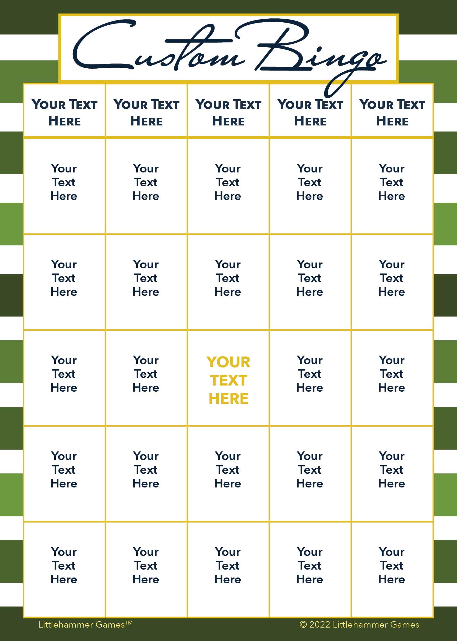 Custom Bingo game card on a green-striped background