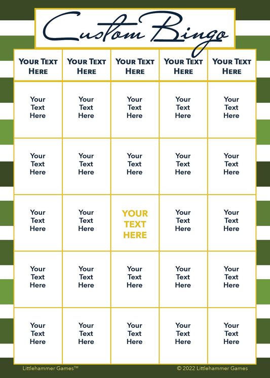 Custom Bingo game card on a green-striped background