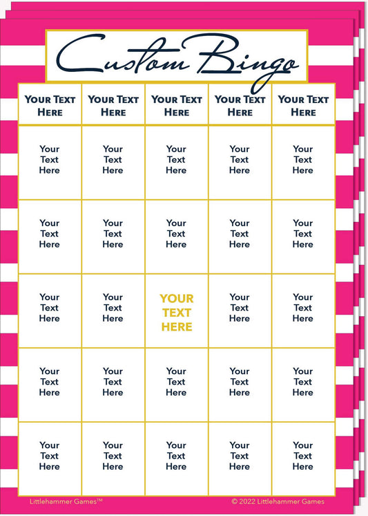 Stack of Custom Bingo game cards on a pink-striped background