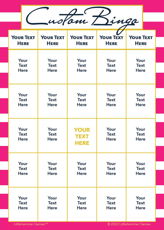 Custom Bingo game card on a pink-striped background