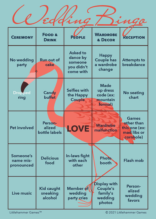 Wedding Bingo game card with a flamingo background