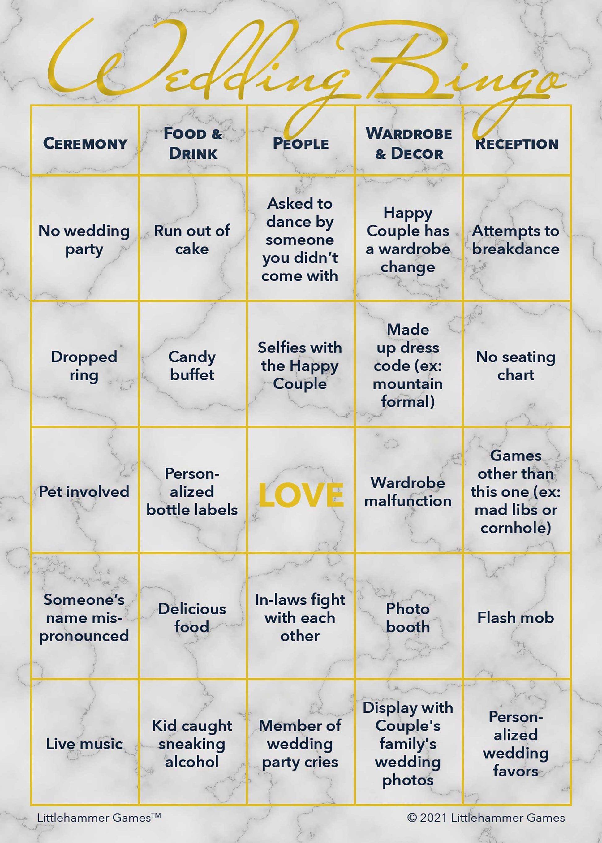 Wedding Bingo game card with a gold and marble background