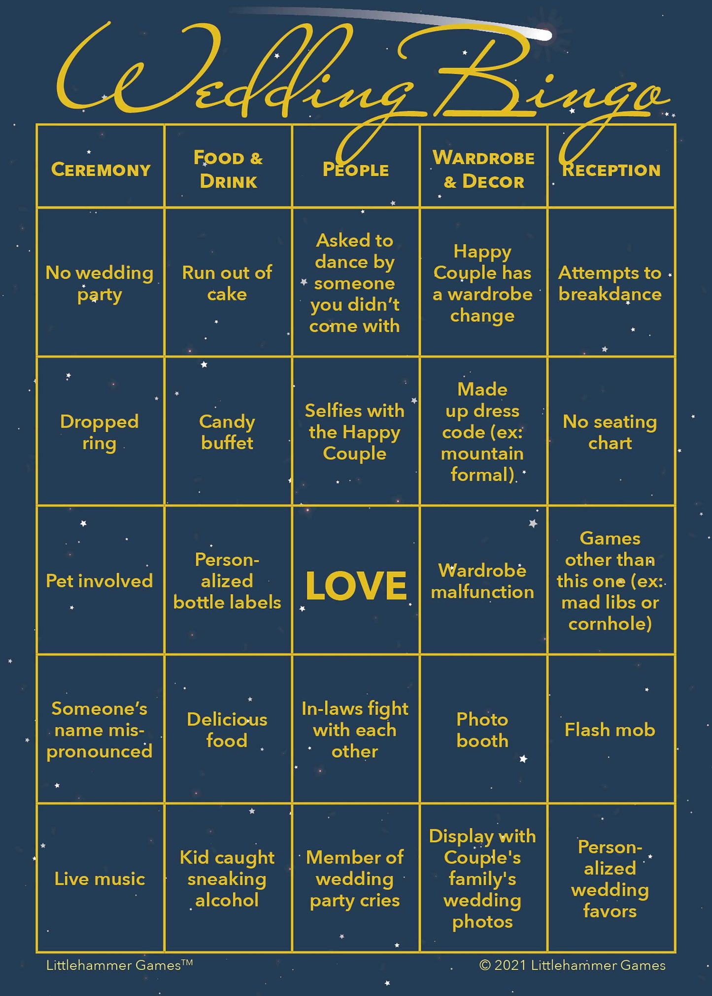 Wedding Bingo game card with a celestial background