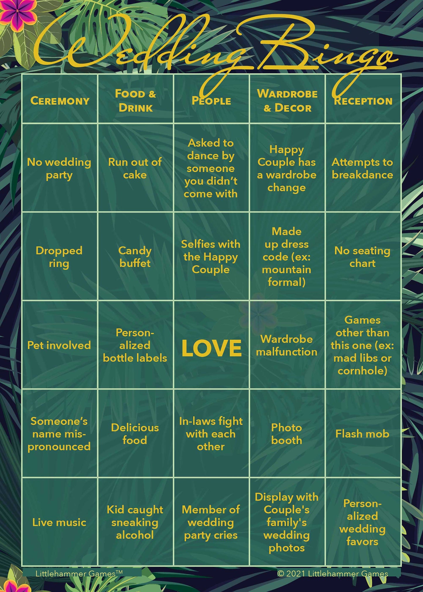 Wedding Bingo game card with a tropical background