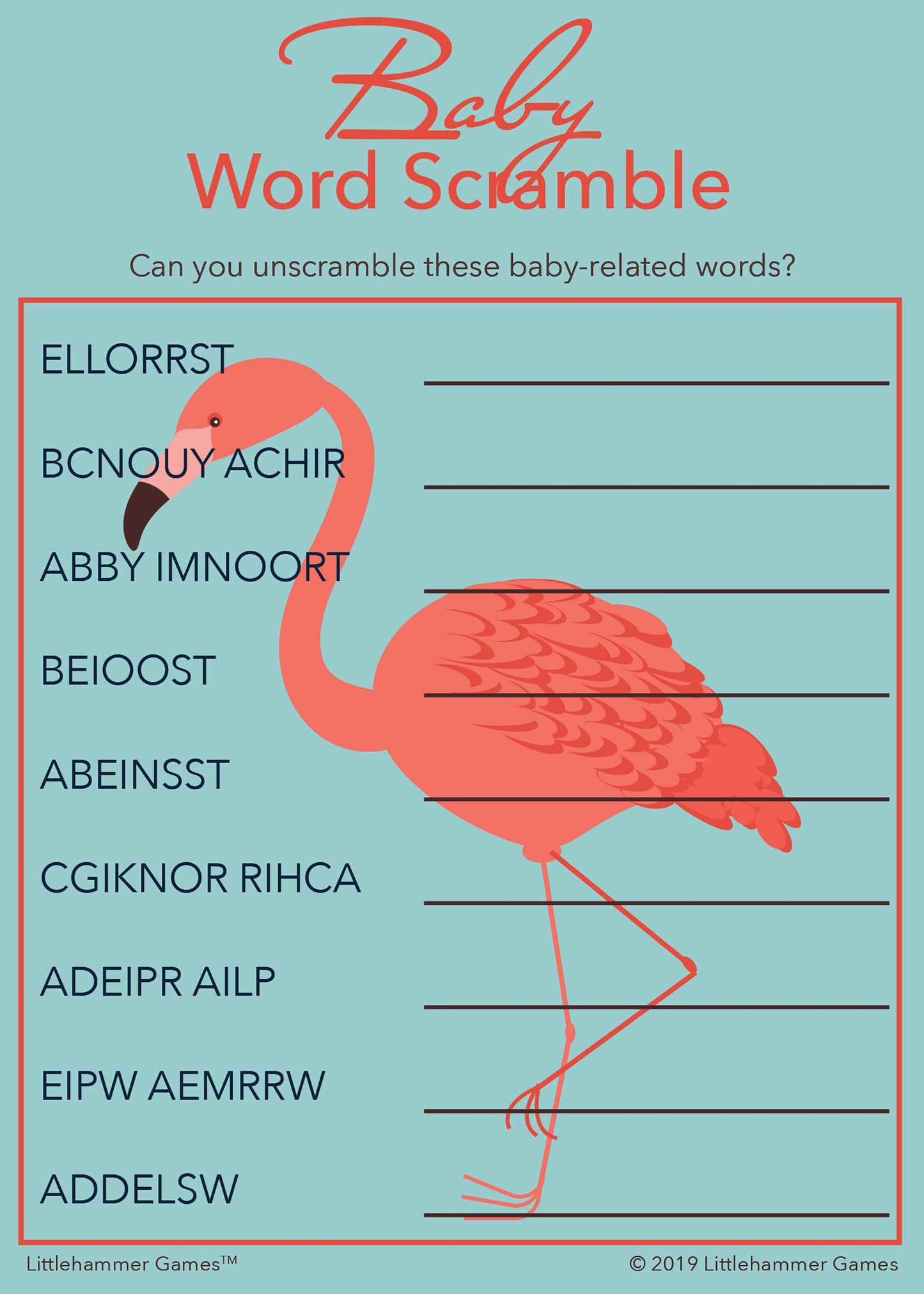 Baby Word Scramble game card with a bright flamingo on a blue background