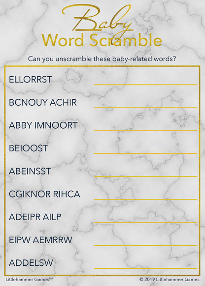Baby Word Scramble game card with gold text on a marble background