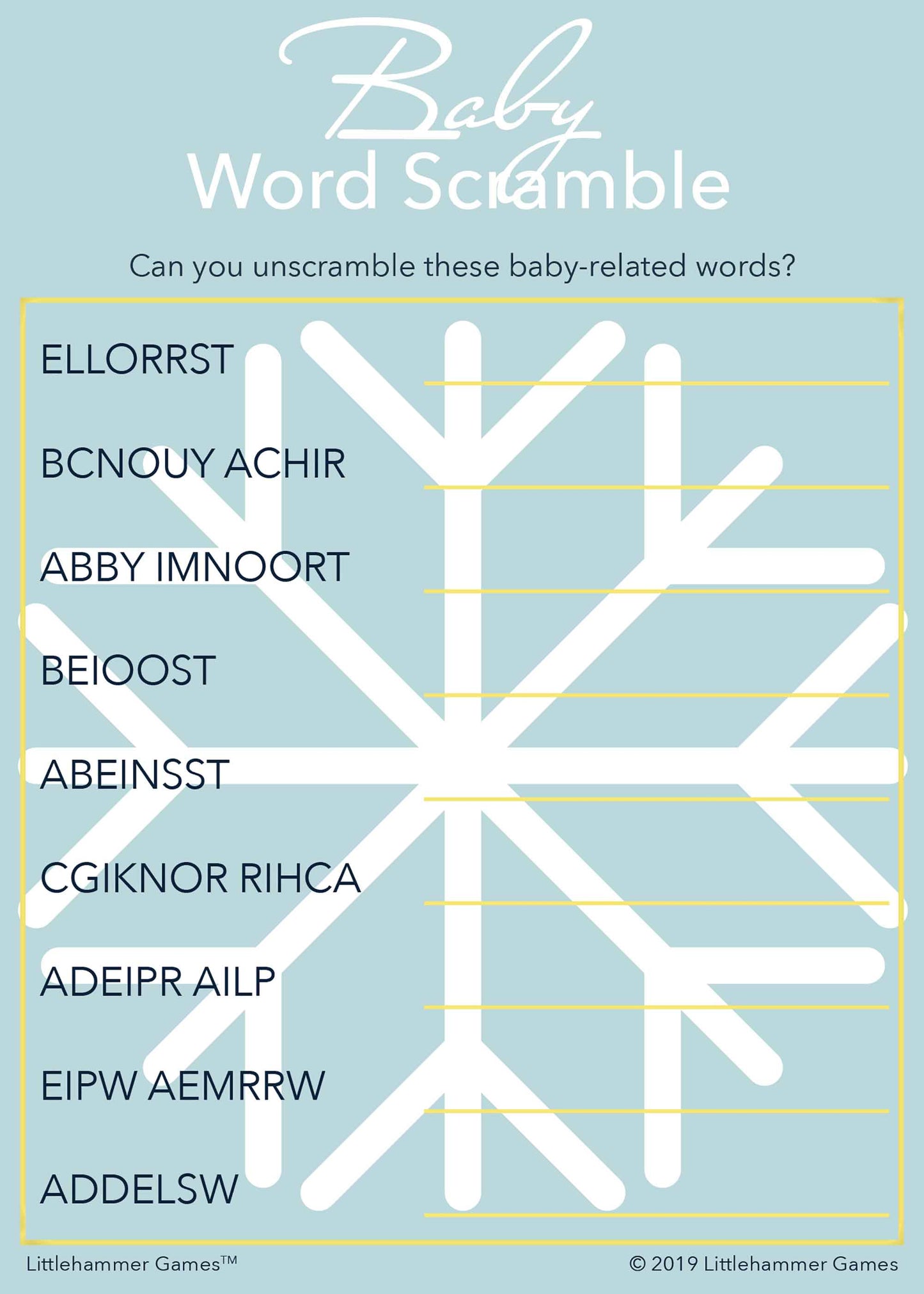 Baby Word Scramble game card with a blue and snowflake background
