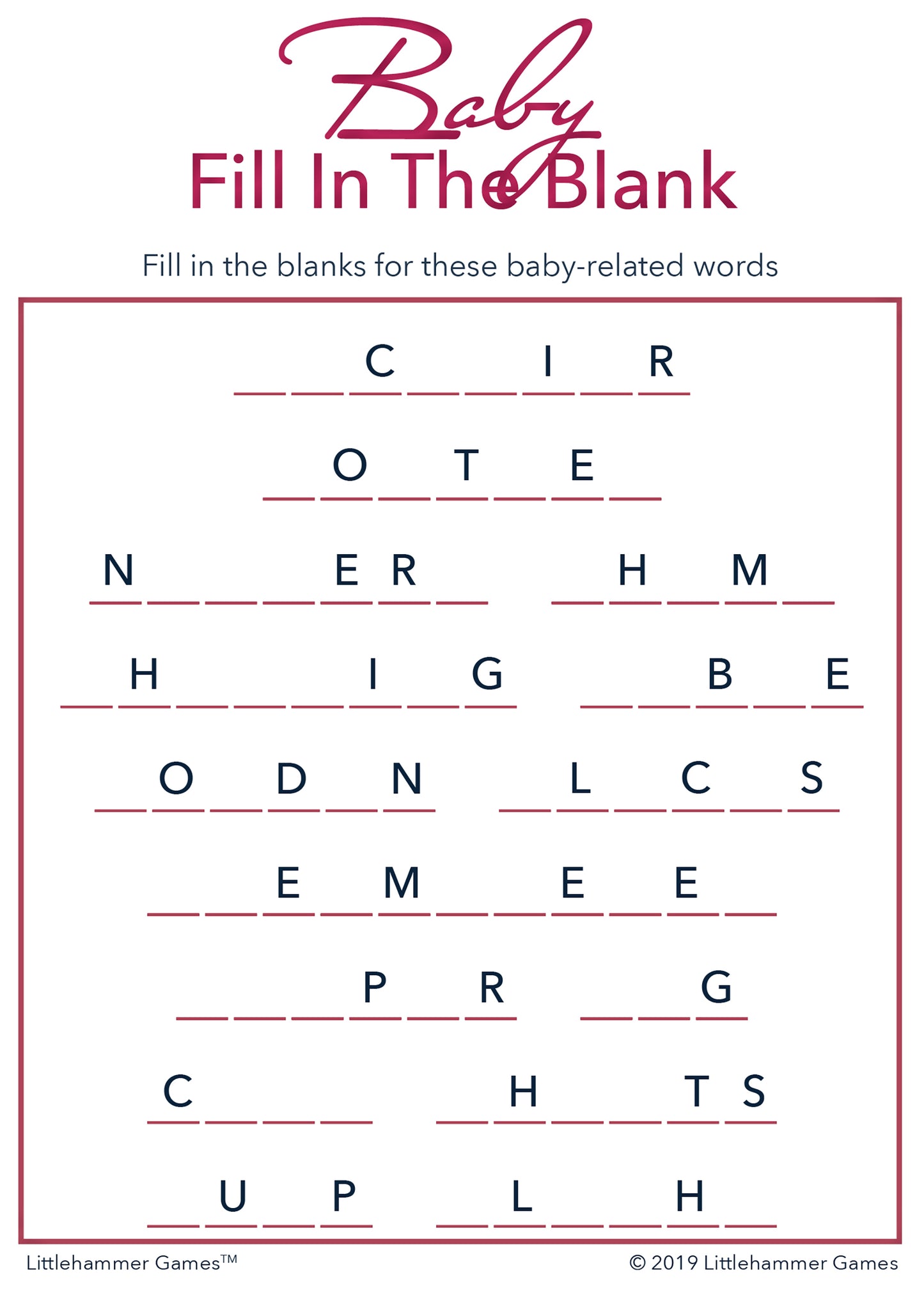 Baby Fill in the Blank game card with rose gold text on a white background