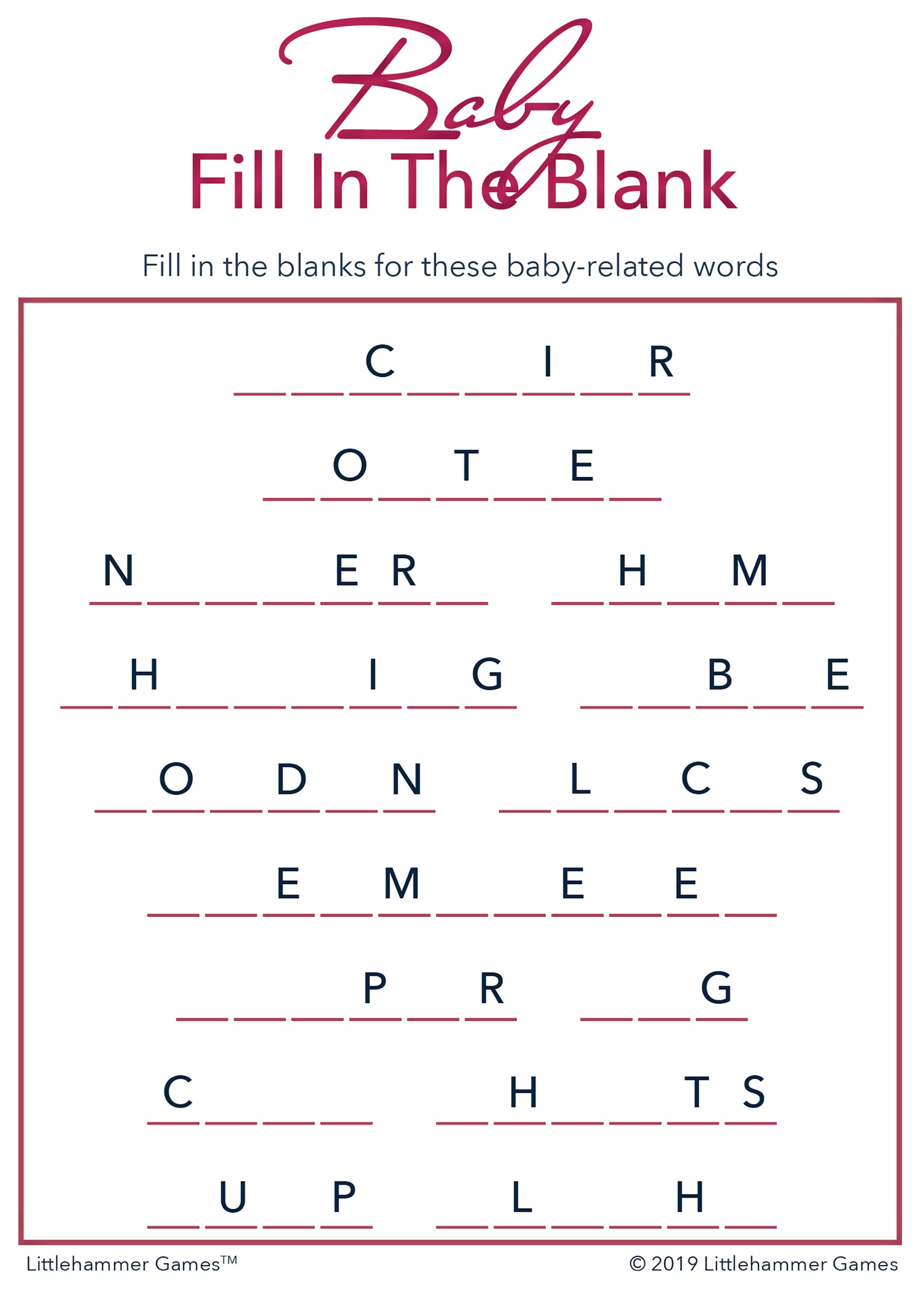 Baby Fill in the Blank game card with rose gold text on a white background