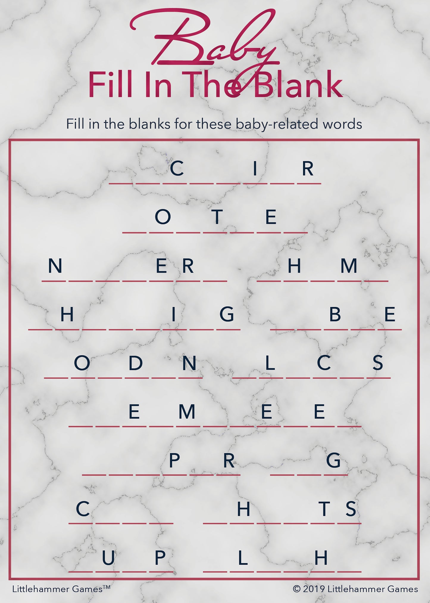 Baby Fill in the Blank game card with rose gold text on a marble background