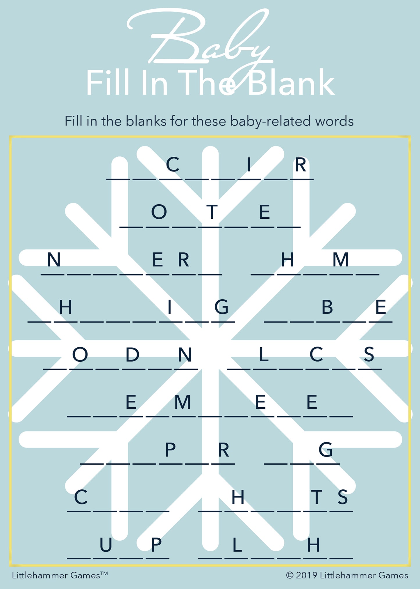Baby Fill in the Blank game card with a blue snowflake background