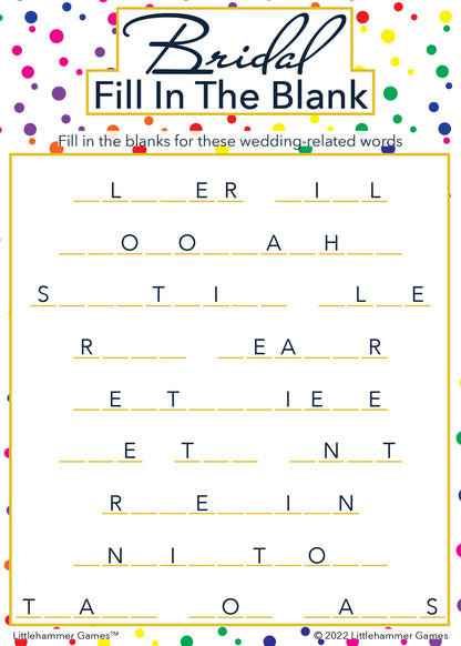 Bridal Fill in the Blank game card with a rainbow polka dot background