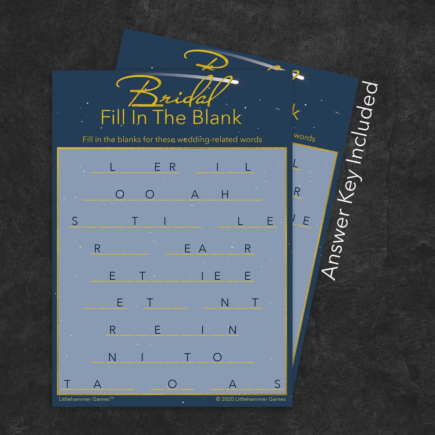 Bridal Fill in the Blank game card with a celestial-themed background with answer card tucked behind it on a slate background with white text that says "Answer Key Included"