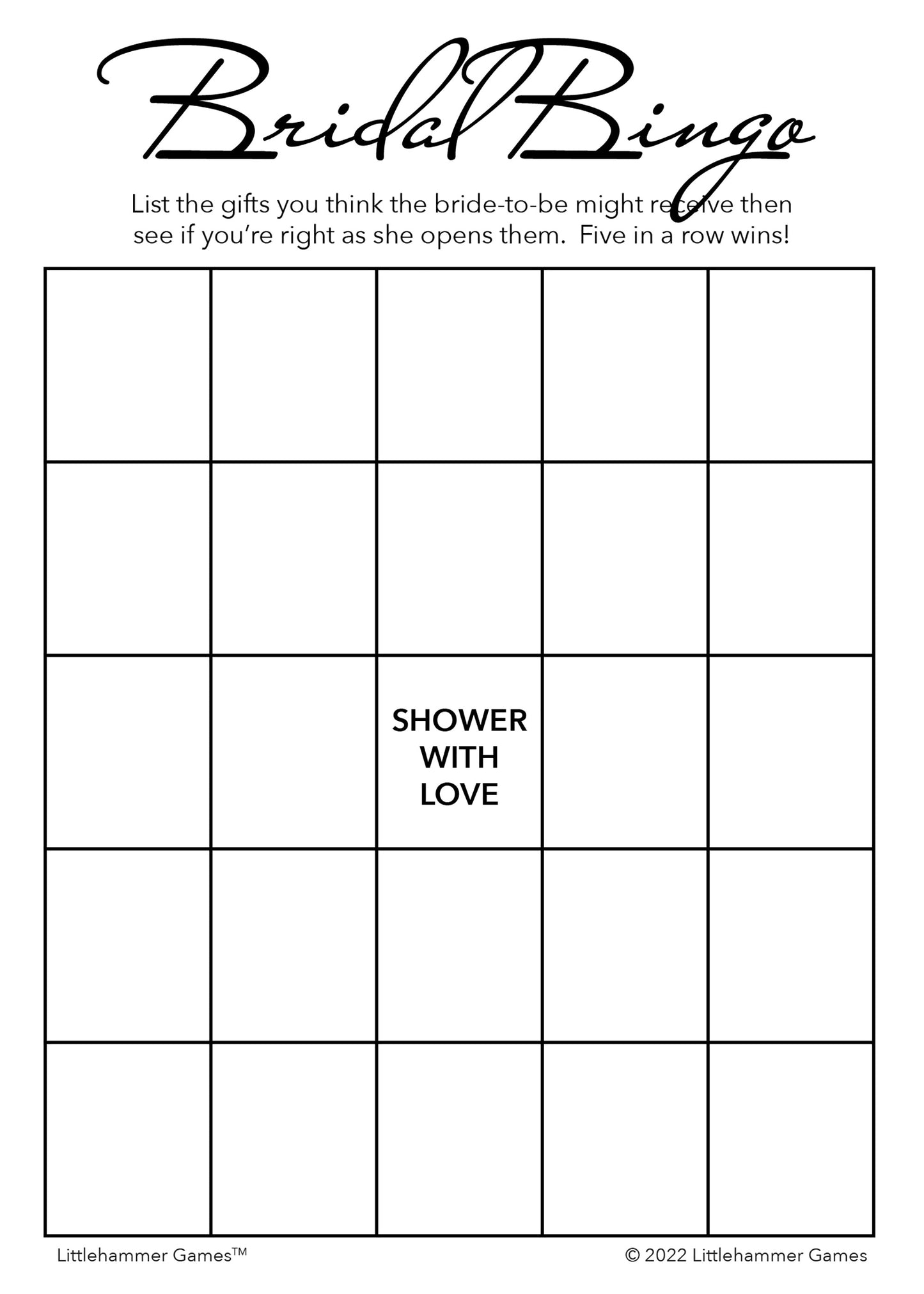 Minimalist black and white Bridal Gift Bingo game card