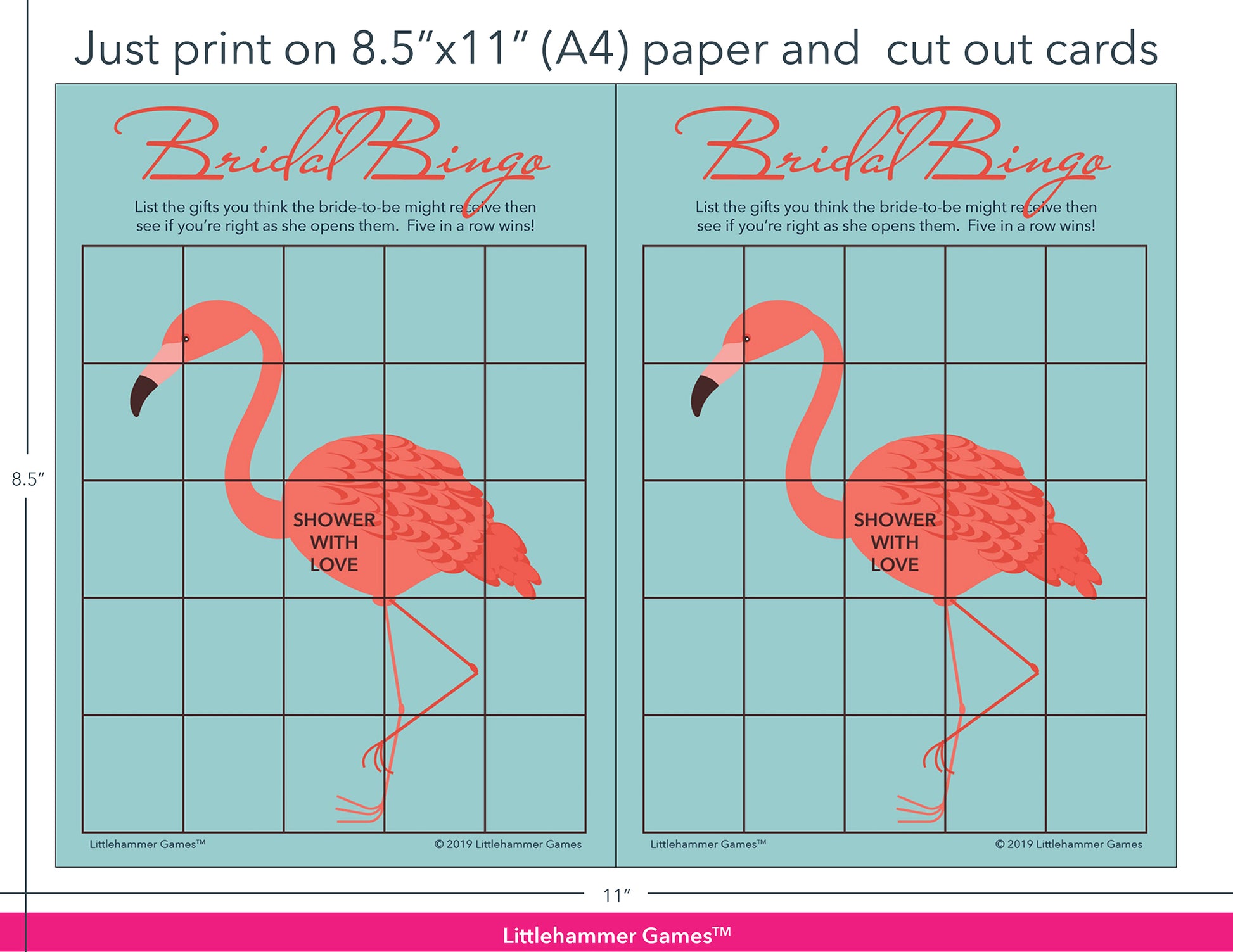 Flamingo-themed Bridal Gift Bingo game cards with printing instructions