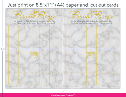 Gold and marble Bridal Gift Bingo game cards with printing instructions