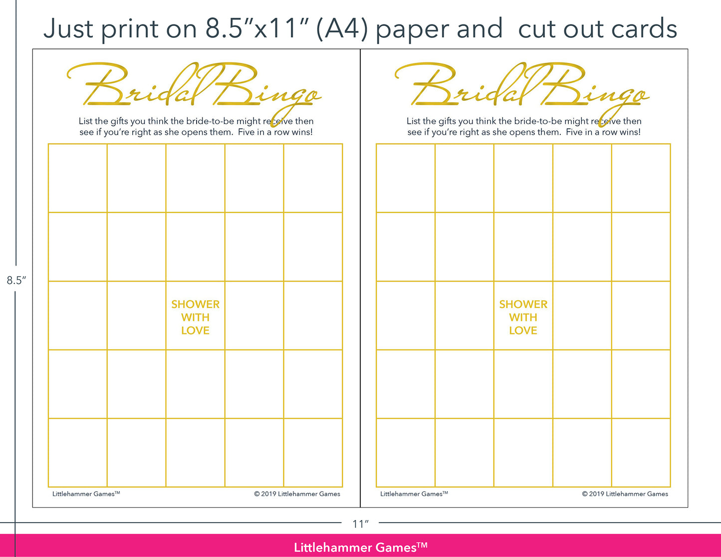 Gold and white Bridal Gift Bingo game cards with printing instructions