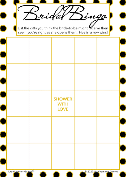 Black and gold polka dot Bridal Gift Bingo game card
