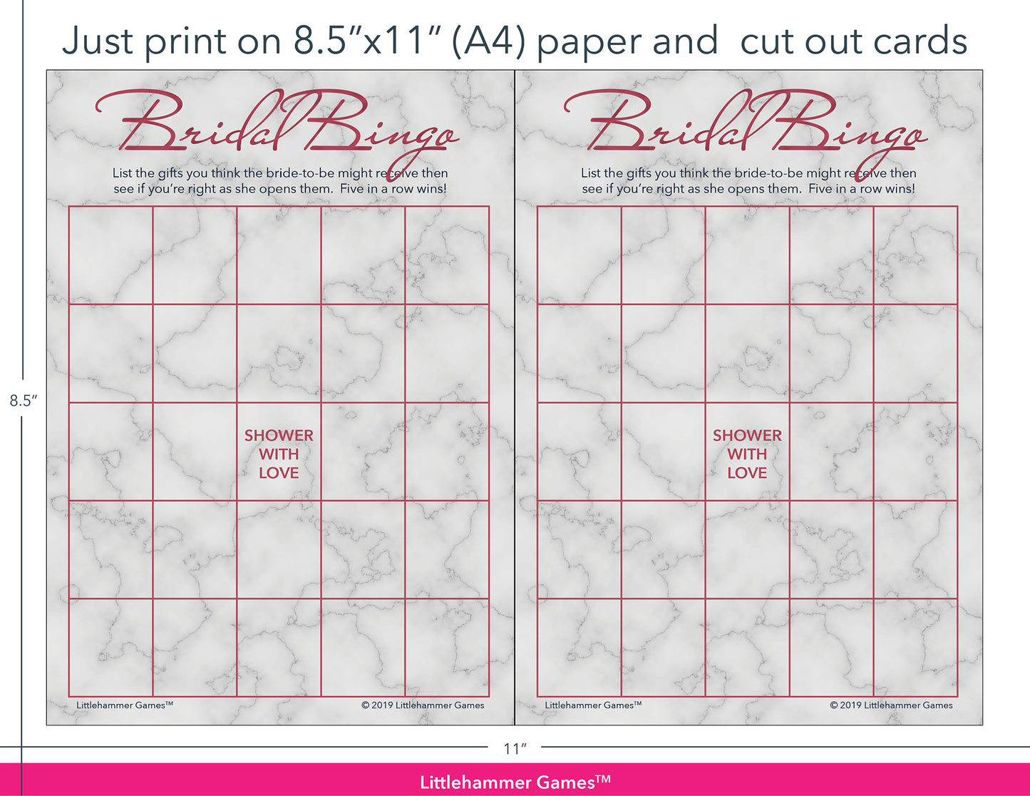 Rose gold and marble Bridal Gift Bingo game cards with printing instructions