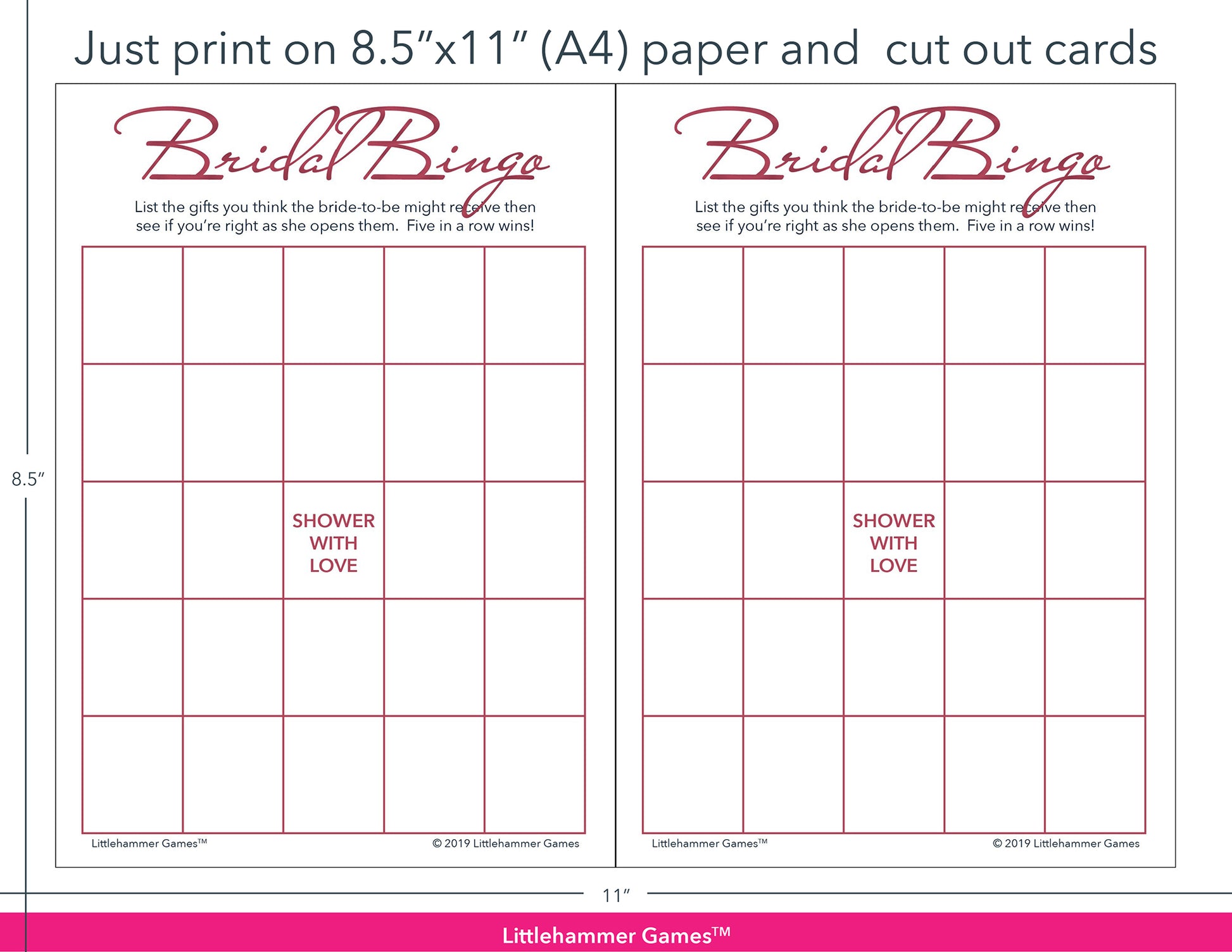 Rose gold and white Bridal Gift Bingo game cards with printing instructions