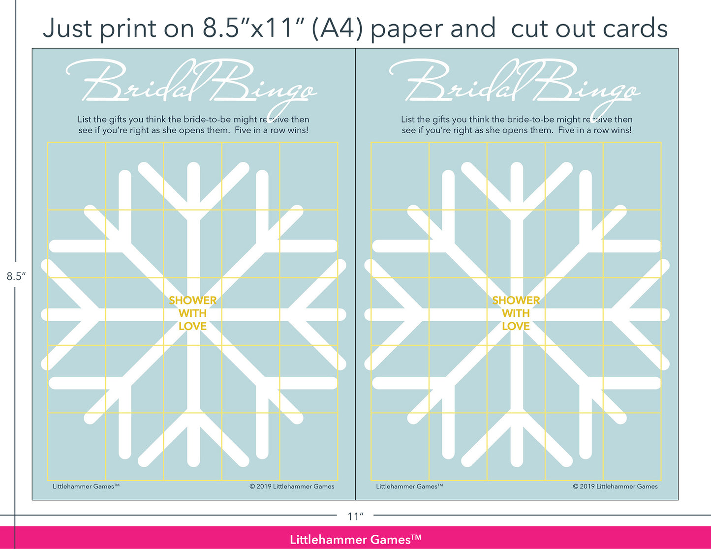 Snowflake-themed Bridal Gift Bingo game cards with printing instructions