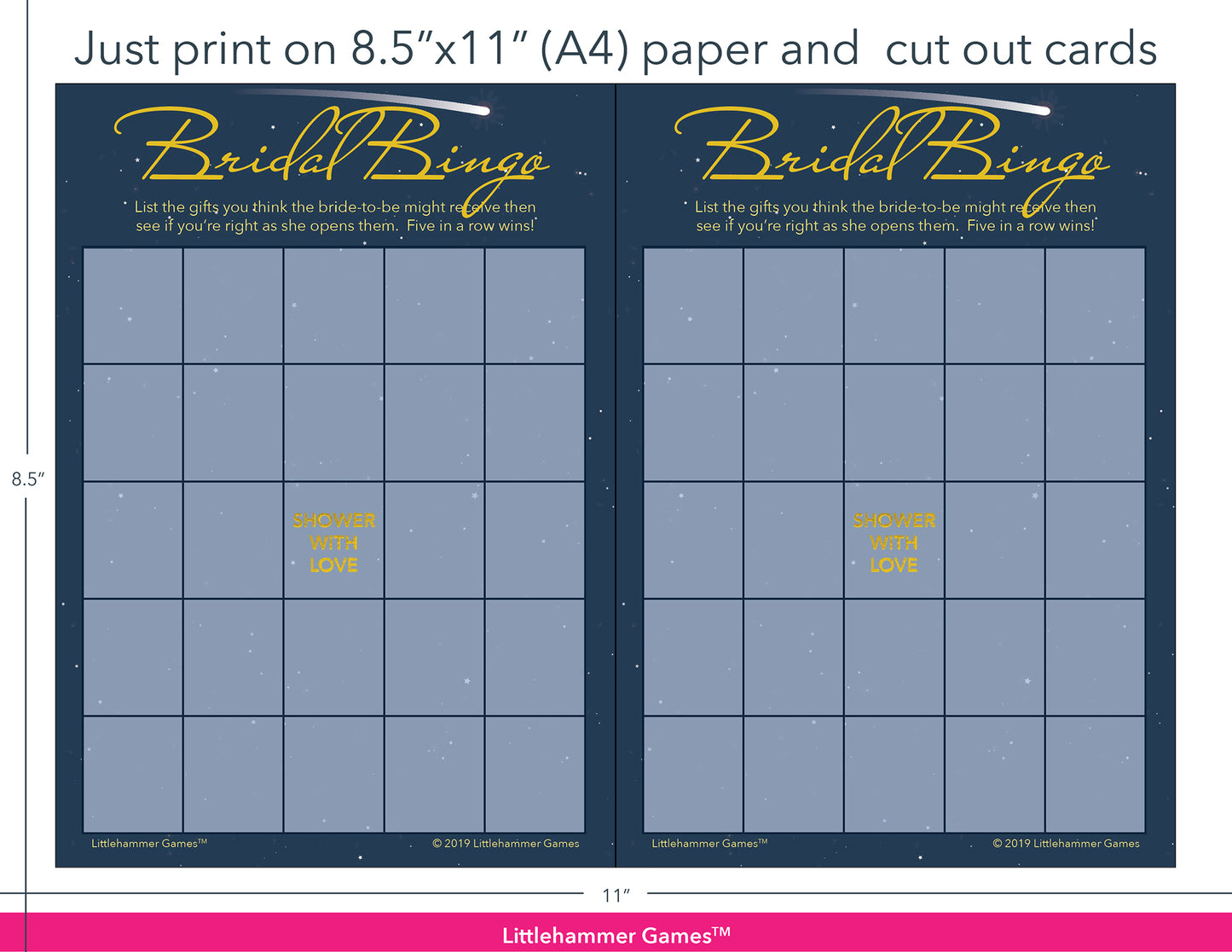 Celestial-themed Bridal Gift Bingo game cards with printing instructions