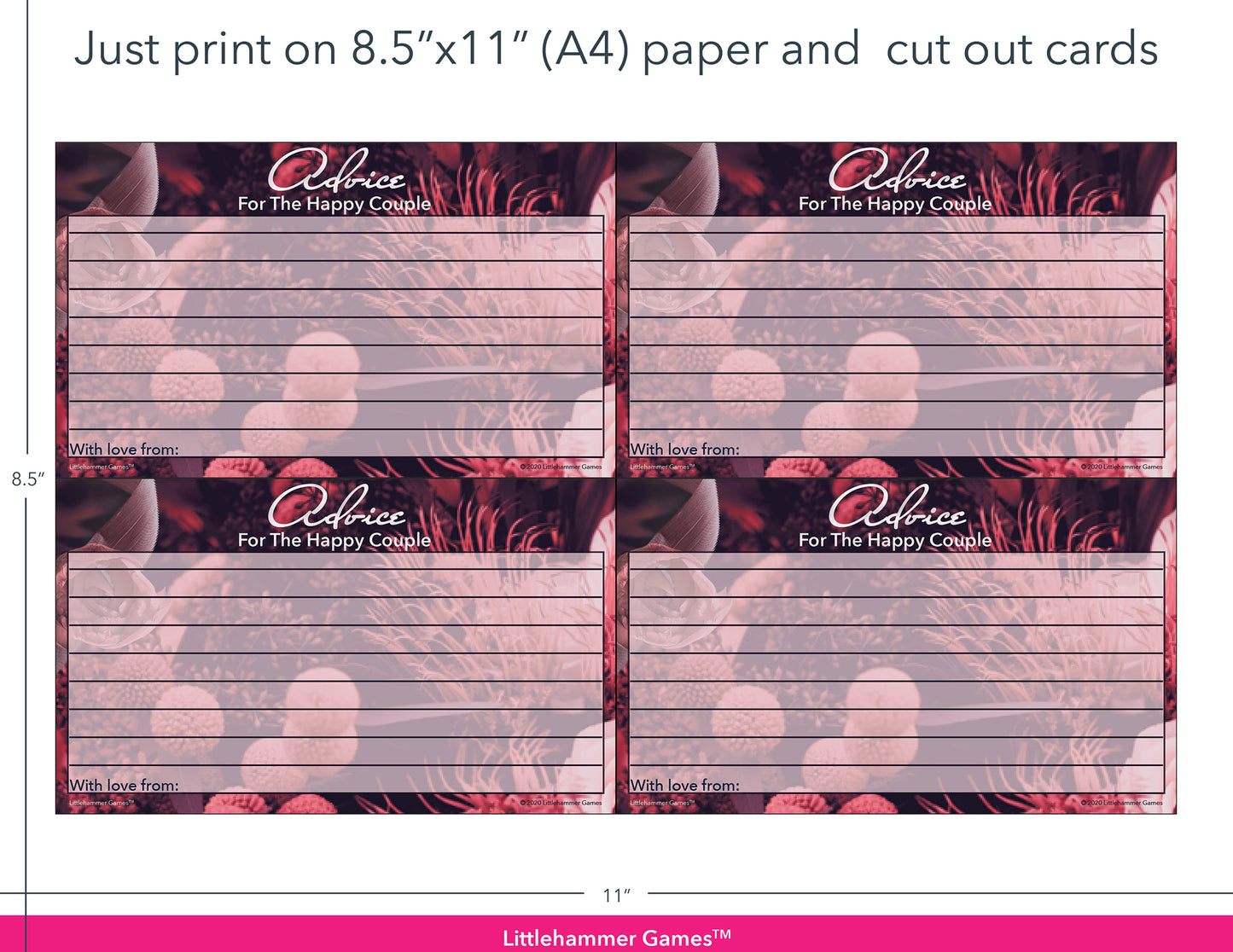 Dark floral Advice for the Happy Couple game cards with printing instructions