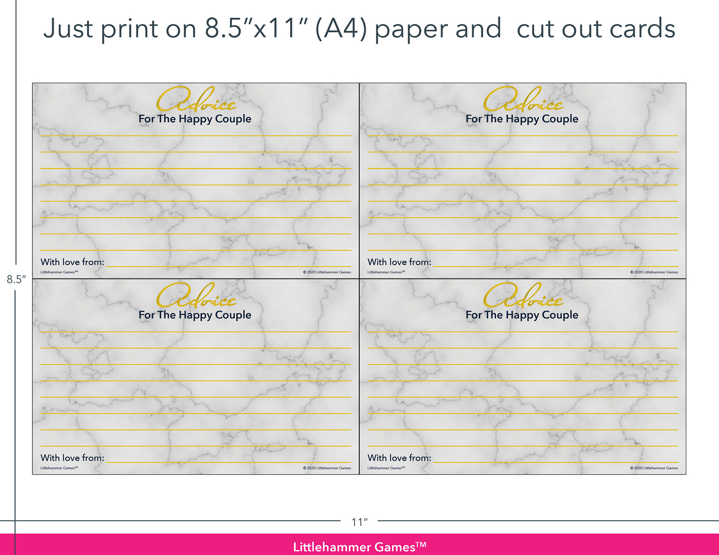 Gold and marble Advice for the Happy Couple game cards with printing instructions