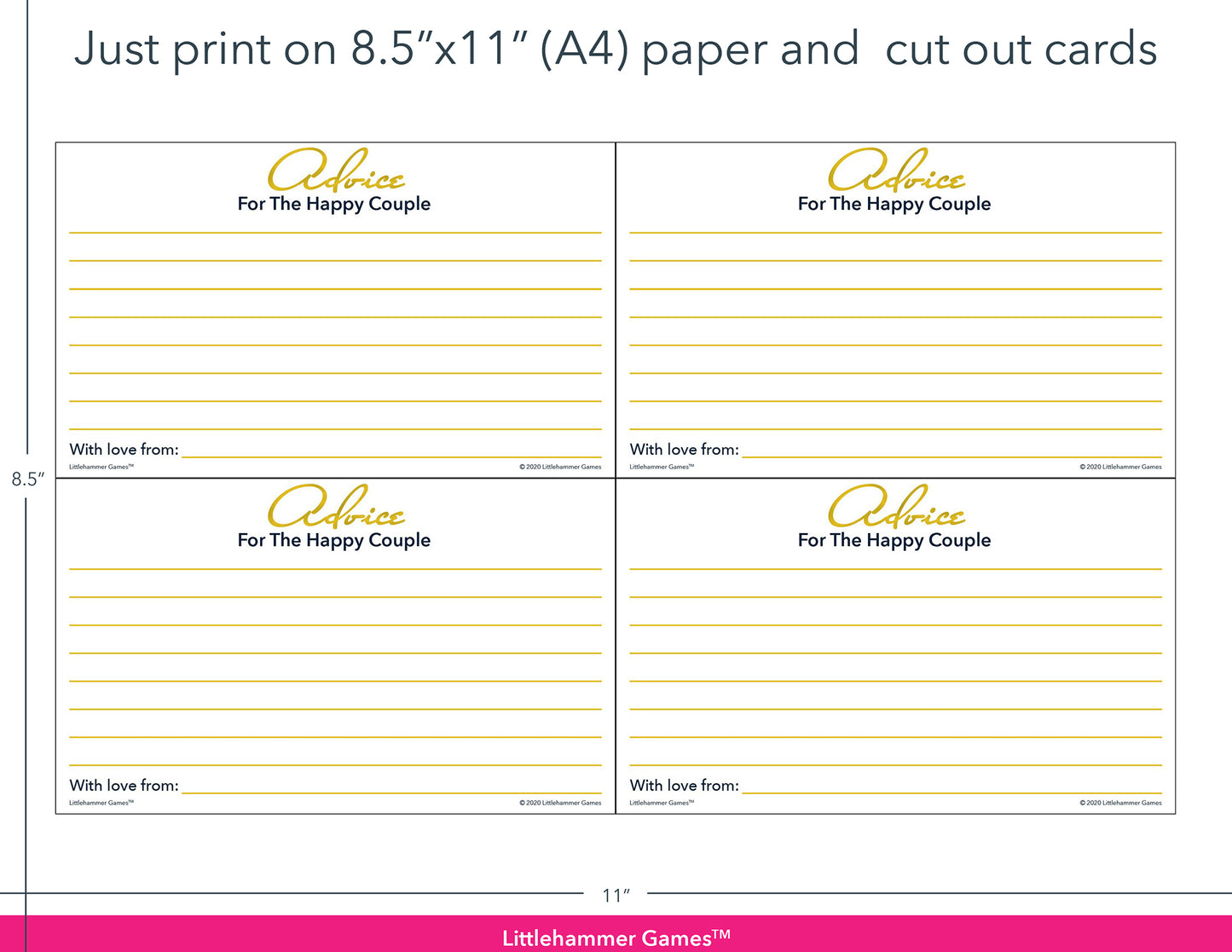 Gold and white Advice for the Happy Couple game cards with printing instructions