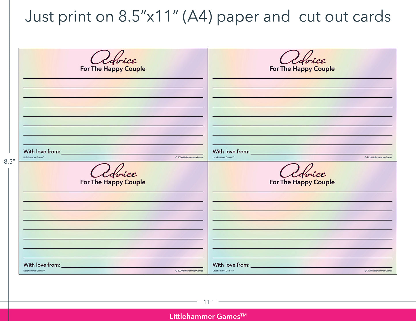 Hologram-themed Advice for the Happy Couple game cards with printing instructions