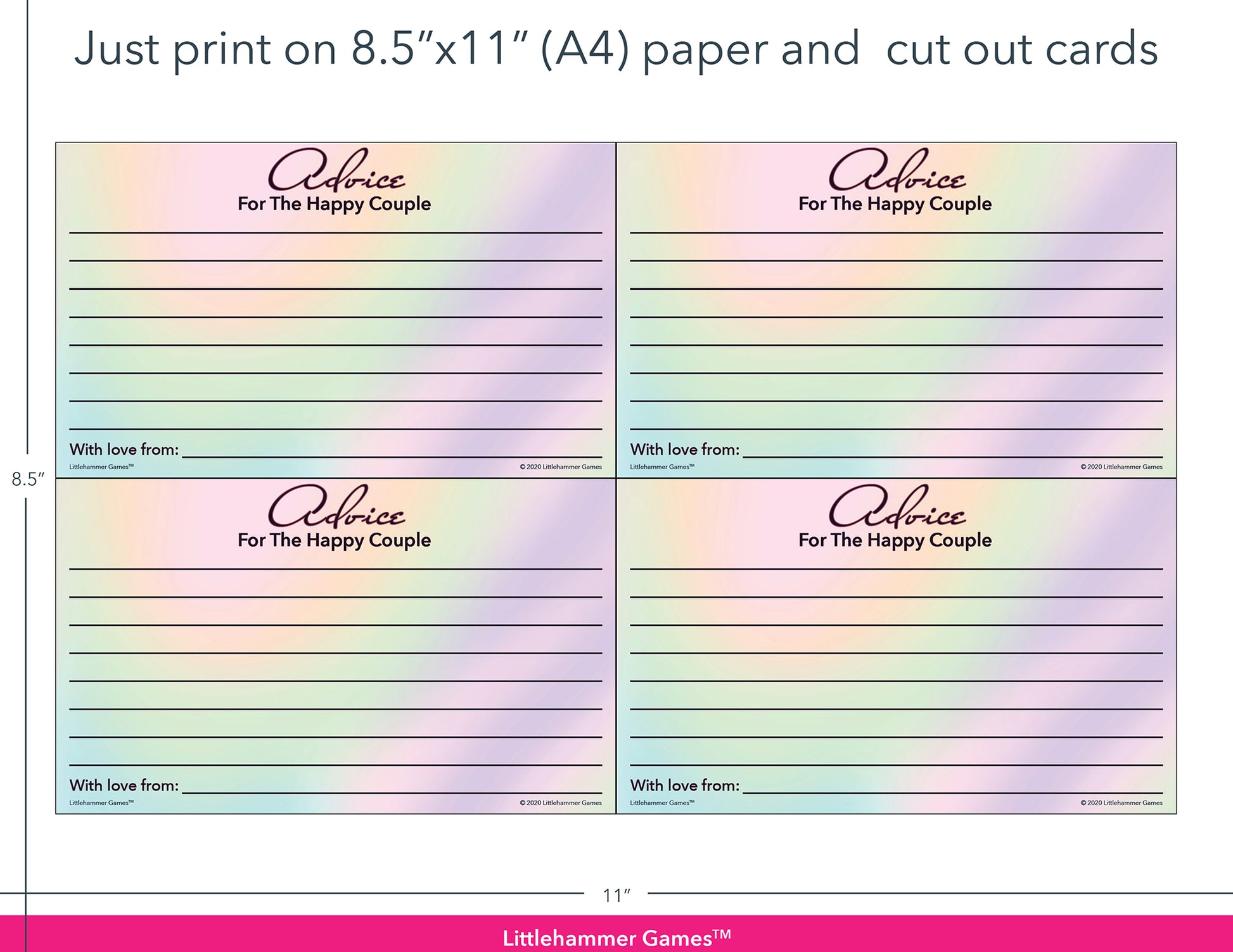 Hologram-themed Advice for the Happy Couple game cards with printing instructions
