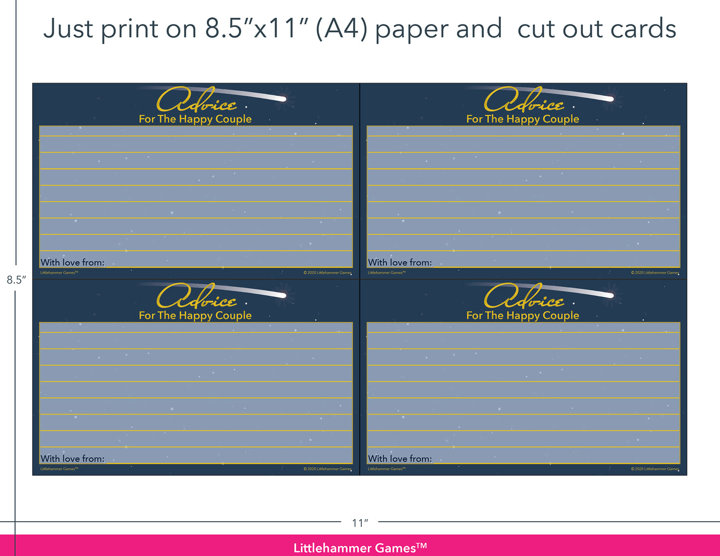 Celestial-themed Advice for the Happy Couple game cards with printing instructions